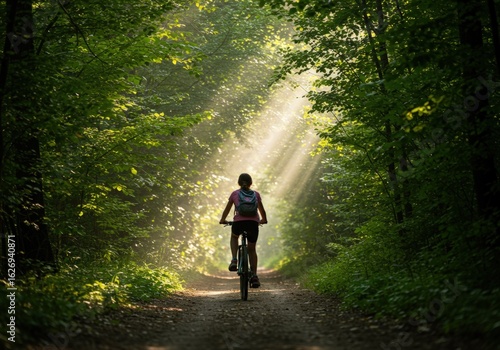Girl Cycling Through Sunlit Forest Path