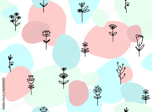 Seamless pattern with different flowers with eyes in doodle style.
