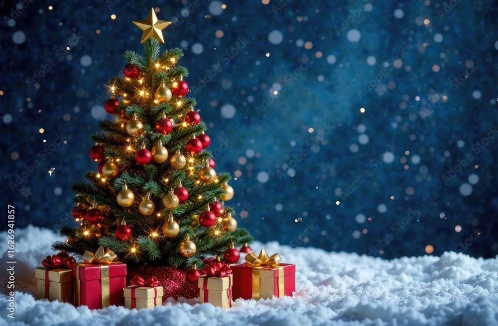 Obraz premium Christmas Tree And Gift Boxes On Snow In Night With Shiny Star and Forest - Winter Abstract Landscape