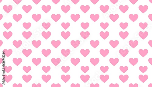 Simple repeating pattern of pink hearts on white