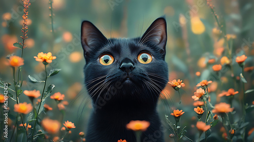 Curious Black Cat Amidst Orange Flowers