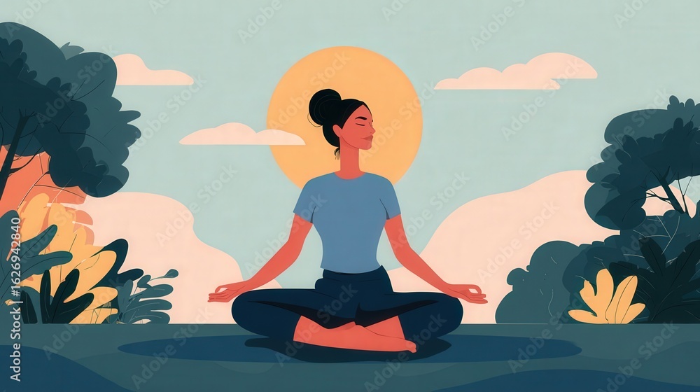 custom made wallpaper toronto digitalA woman meditates in lotus position against a blue sky, surrounded by green trees and mountains. She exudes serenity in a minimalistic, calming scene.