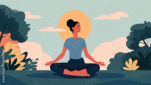 Wallpaper Mural A woman meditates in lotus position against a blue sky, surrounded by green trees and mountains. She exudes serenity in a minimalistic, calming scene. Torontodigital.ca