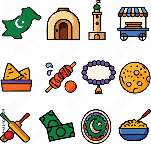 Pakistan culture icons set, including map, food