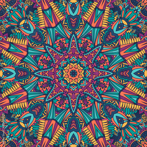 Abstract Mandala flower vintage indian textile ethnic seamless pattern ornamental. Arabesque floral design