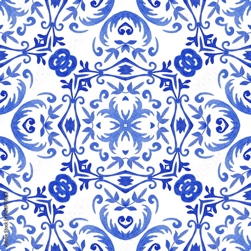Portuguese style ceramic blue Damask tiled decorative cross with florishes. Gorgeous seamless watercolor pattern Floral Azulejo tile wall design arabesque tiles print