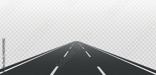 Straight road highway with white lines on the roadside and  broken center lines. Road background with three lanes. Vector illustration