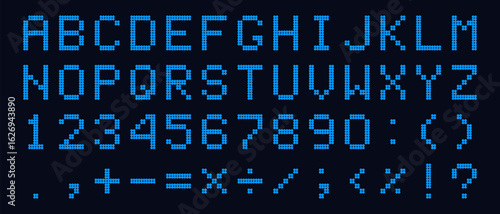 Blue Digital Dotted Font with Alarm Clock Letters, Electronic Alphabet, Retro Calculator Symbols, Monitor Characters, and Scoreboard Digits. Vector EPS 10
