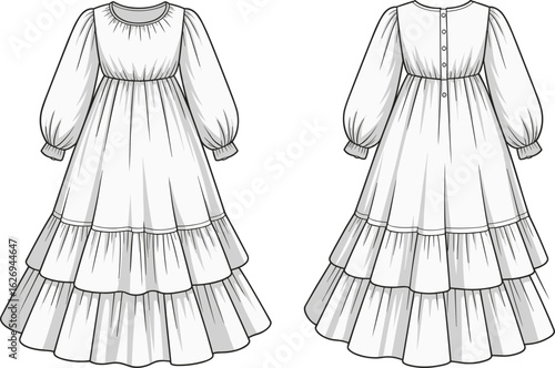 Women's Flowy Maxi Dress with Tiered Ruffles and Puff Sleeves, Fashion Flat Sketch for Apparel Design, Trendy CAD Drawing, Front and Back Viewv