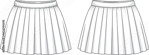 Women's Pleated Mini Skirt with Elastic Waistband, Fashion Flat Sketch for Apparel Design, Trendy CAD Drawing, Front and Back View