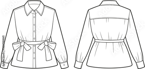 Chic Women's Long Sleeve Blouse with Bow Belt, Fashionable Flat Sketch for Apparel Design, Trendy CAD Drawing, Front and Back View