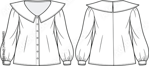 Women's Vintage-Inspired Blouse with Large Peter Pan Collar and Puff Sleeves, Fashion Flat Sketch for Apparel Design, Trendy CAD Drawing, Front and Back View