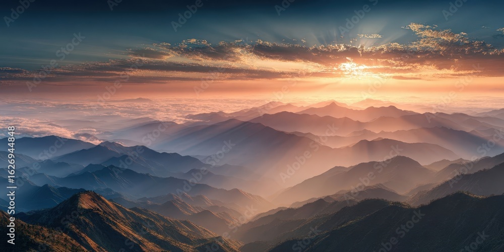 Naklejka premium Majestic Sunrise Over Mountain Range with Golden Rays and Breathtaking Panorama