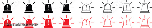 Siren icon set, vector of emergency alarm and police light symbols in  style, warning signal collection, alert beacon, flashing lamp, safety bundle isolated on transparent background.
