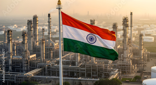 Indian Flag Waving Over Oil Refinery: Energy Independence and Growth