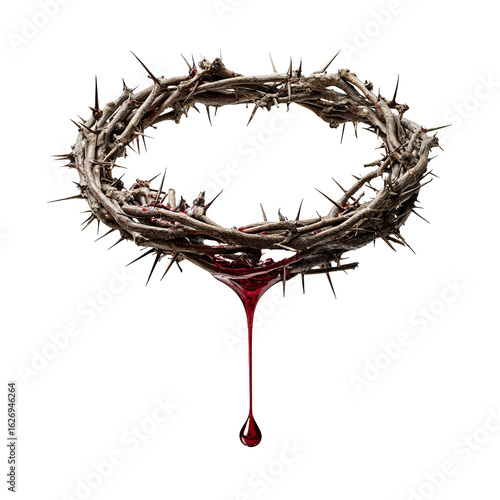 Crown of thorns with dripping red liquid on transparent background isolated symbol of sacrifice and pain