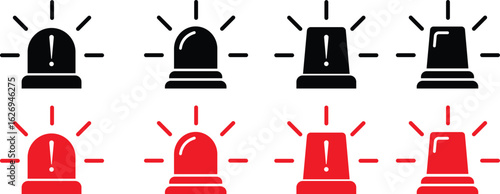 Siren icon set, vector of emergency alarm and police light symbols in  style, warning signal collection, alert beacon, flashing lamp, safety bundle isolated on transparent background.