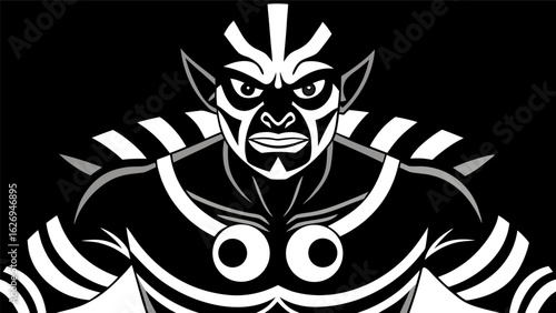 Vector art of a stylized black and white illustration of an alien or monsters face with tribal markings and pointed ears, looking menacingly forward