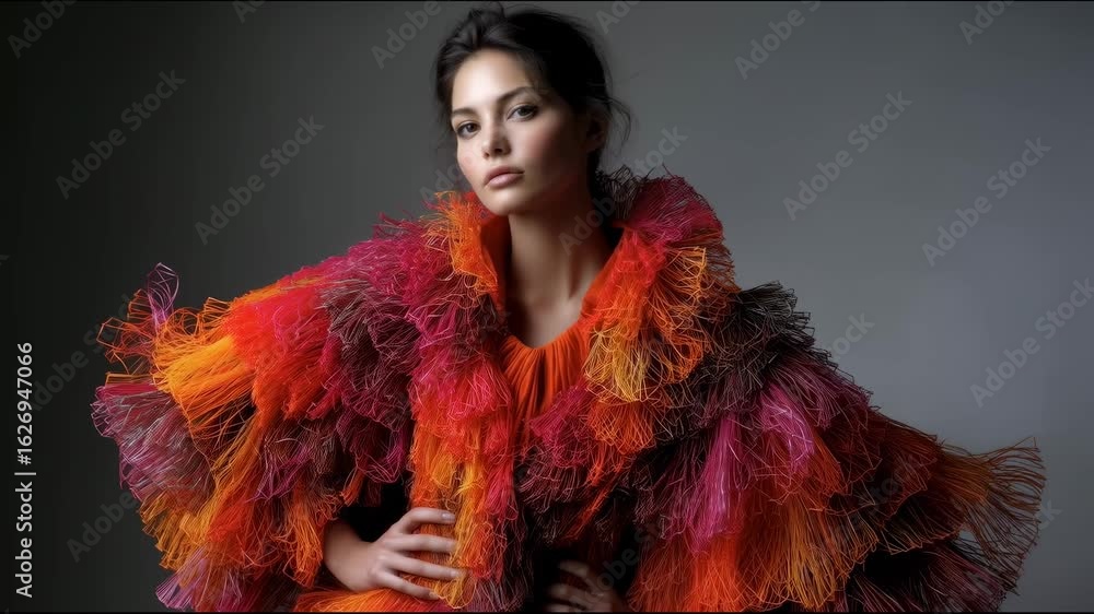 Woman in bright, layered clothing with orange, red and pink threads posing on dark background with hands on waist Woman in bright, layered clothing with orange, red and pink threads posing on dark background with hands on waist