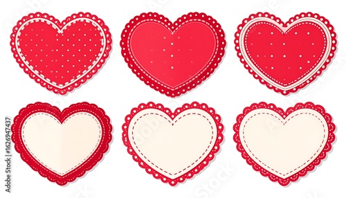 Six red and cream-colored heart shapes with decorative lace borders