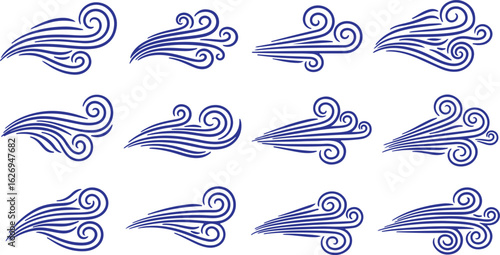 Collection of hand drawn swirling wind gusts isolated on transparent background