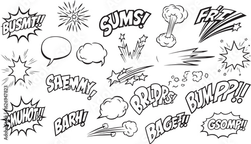 Collection of comic book sound effects and speech bubbles isolated on transparent background