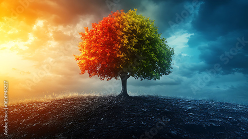 Two Sides of Nature A Majestic Tree Under a Dramatic Sky