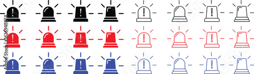 Siren icon set, vector of emergency alarm and police light symbols in  style, warning signal collection, alert beacon, flashing lamp, safety bundle isolated on transparent background.