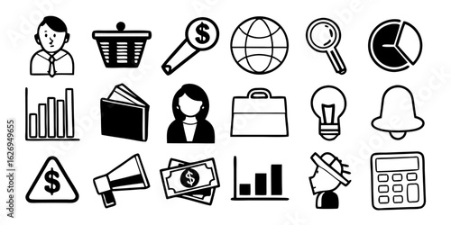 Illustration of business and finance icons including people graphs and money related symbols drawn in black created with generated ai