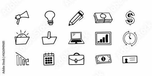 Illustration of business and finance icons including money graph calendar and lightbulb in black and white created with generated ai