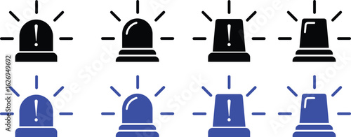 Siren icon set, vector of emergency alarm and police light symbols in  style, warning signal collection, alert beacon, flashing lamp, safety bundle isolated on transparent background.