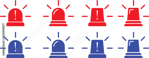 Siren icon set, vector of emergency alarm and police light symbols in  style, warning signal collection, alert beacon, flashing lamp, safety bundle isolated on transparent background.
