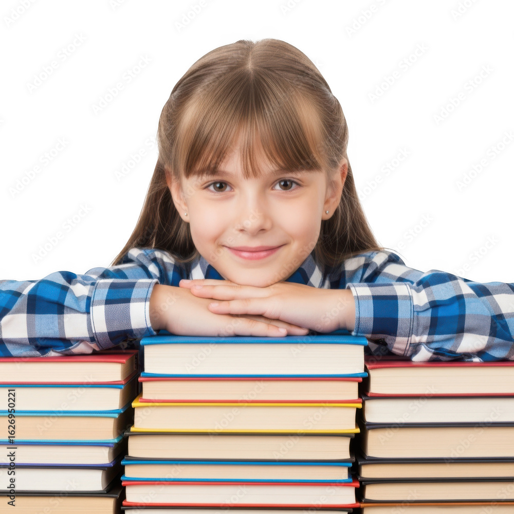 Happy young girl with books isolated on transparent background Happy young girl with books isolated on transparent background