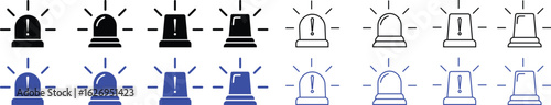 Siren icon set, vector of emergency alarm and police light symbols in  style, warning signal collection, alert beacon, flashing lamp, safety bundle isolated on transparent background.