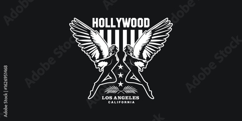 Hollywood Angels T Shirt Design Vector Glamorous Winged Typography Inspired by Fame Style Stars Fashion City Vibes for Girls Apparel Stickers Posters and Celebrity Art Projects