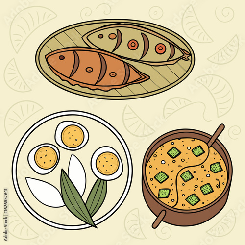 Traditional Bangladeshi food vector set – panta ilish, biryani, paratha, egg curry, roshogolla – cultural flat style illustration