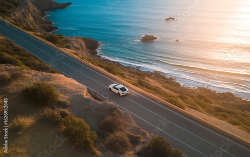 Scenic Coastal Road Trip with White Car Ocean Views and Stunning Landscape Adventure Along the California Coast