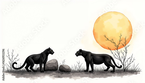 Two black panthers standing near rocks under a sunlit sky  