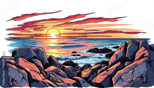 Ocean sunset with colorful sky and rocky shoreline  