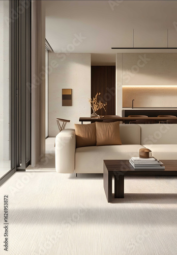 A modern minimalist living room with light grey walls and white ceiling large window at the end of the wall showing an open kitchen in black oak wood with brown vei