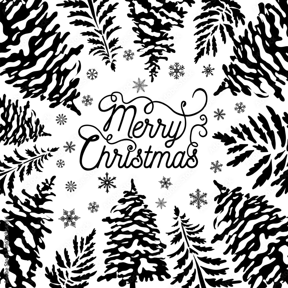 Fototapeta premium Merry Christmas. Monochrome card with Christmas trees and snowflakes. hand drawing. Not AI, Vector illustrations.