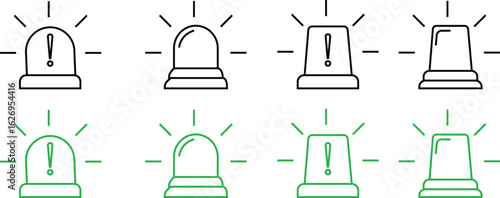 Siren icon set, vector of emergency alarm and police light symbols in  style, warning signal collection, alert beacon, flashing lamp, safety bundle isolated on transparent background.