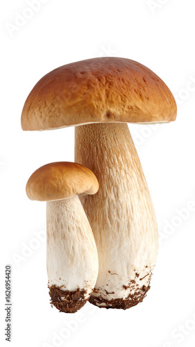 Two penny bun mushrooms growing together on transparent background