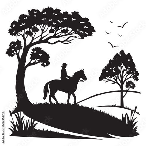 Silhouette of a horse rider in a rural landscape isolated on white background equestrian sport and outdoor recreation concept vector illustration of a horseman riding through the countryside