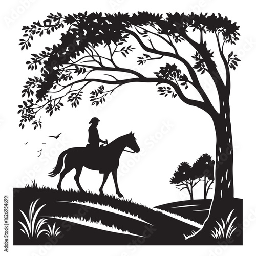 Silhouette of a horse rider in a rural landscape isolated on white background equestrian sport and outdoor recreation concept vector illustration of a horseman riding through the countryside