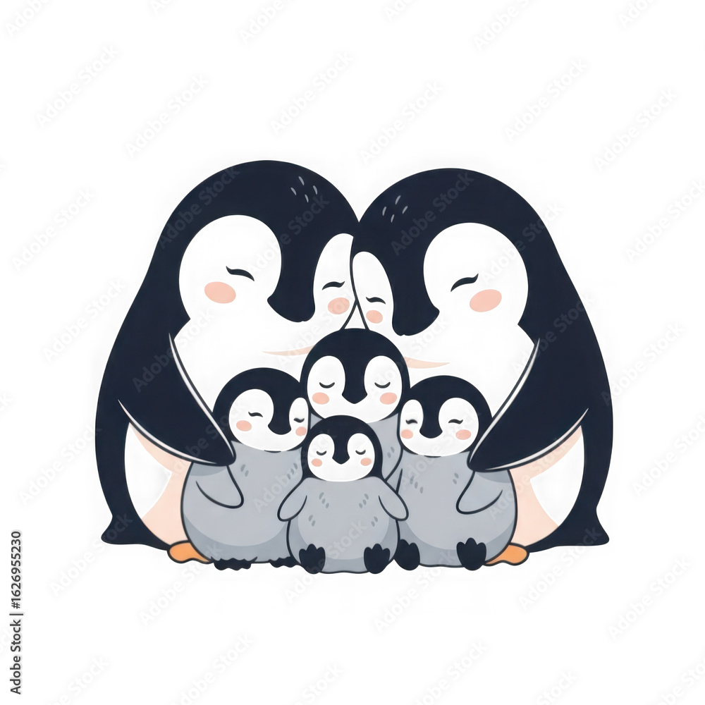 Fototapeta premium A cute penguin family huddled together for warmth isolated on transparent background