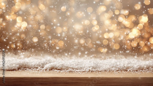 Abstract background featuring blurred golden bokeh lights and white snow on a beige-brown tone, providing a cozy setting for product displays. Ideal for Christmas themes.