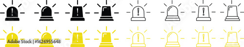 Siren icon set, vector of emergency alarm and police light symbols in  style, warning signal collection, alert beacon, flashing lamp, safety bundle isolated on transparent background.