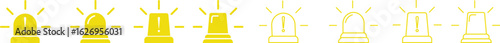 Siren icon set, vector of emergency alarm and police light symbols in  style, warning signal collection, alert beacon, flashing lamp, safety bundle isolated on transparent background.