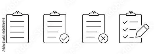 Clipboard thin line icon set vector. Checklist on the clipboard line icon with checkmarks, checklist, document, pencil. Clipboard outline icons. Checklist symbol. Editable stroke. 